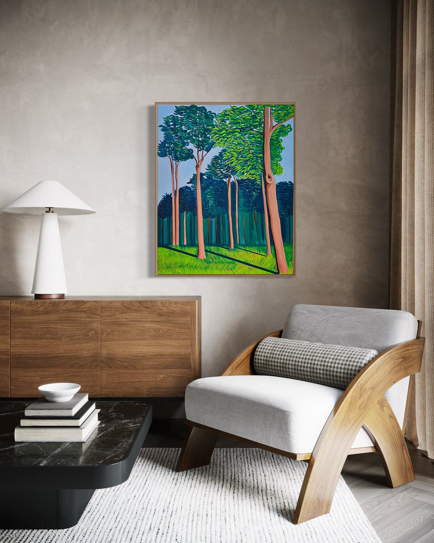 “THE AFTERNOON BREEZE AT HOME” (Framed in solid white oak wood, 30”x24” Acrylic on canvas)