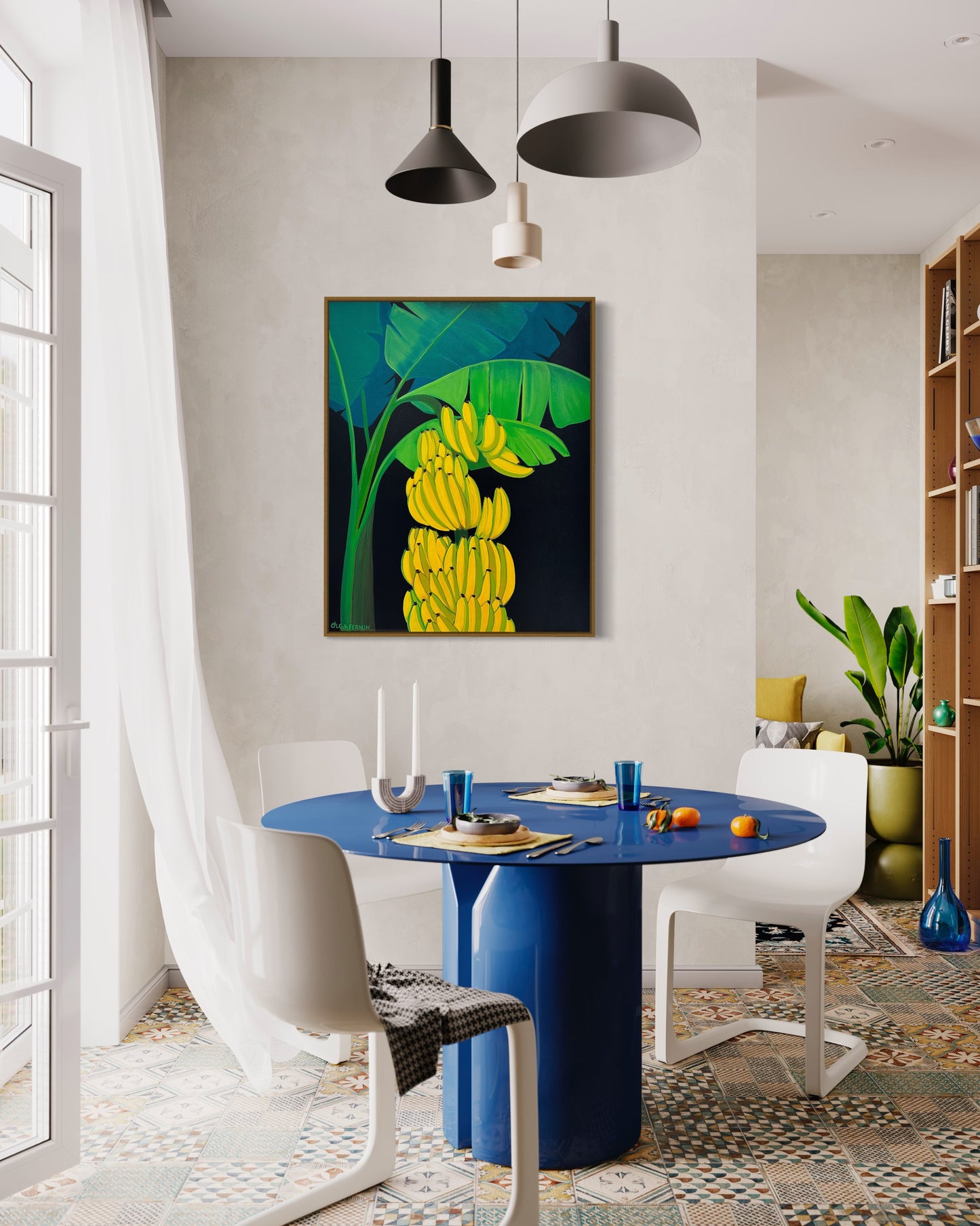 There are Plenty Bananas (Framed in solid white oak wood, 30”x24” Acrylic on canvas)