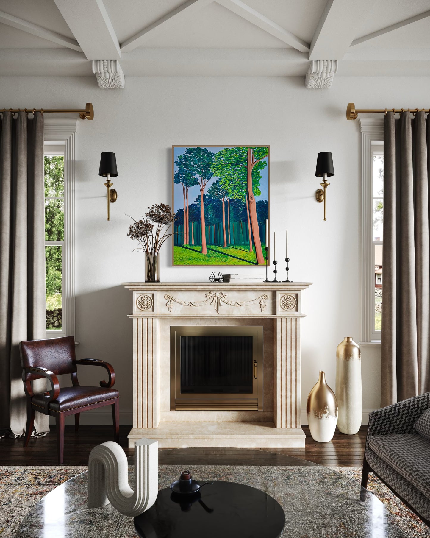 “THE AFTERNOON BREEZE AT HOME” (Framed in solid white oak wood, 30”x24” Acrylic on canvas)