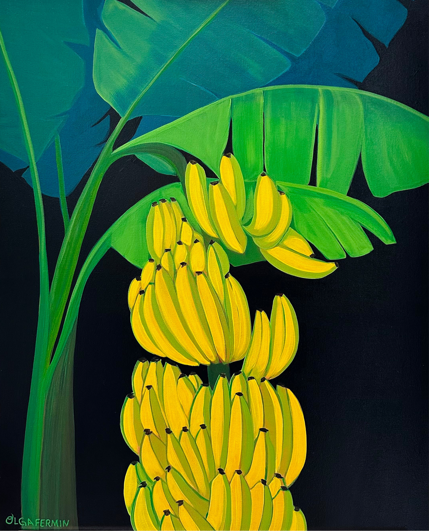 There are Plenty Bananas (Framed in solid white oak wood, 30”x24” Acrylic on canvas)