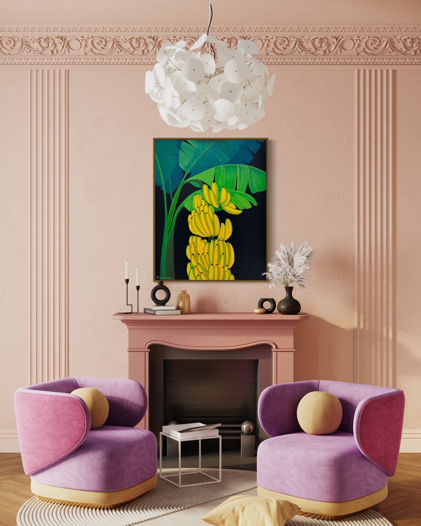 There are Plenty Bananas (Framed in solid white oak wood, 30”x24” Acrylic on canvas)