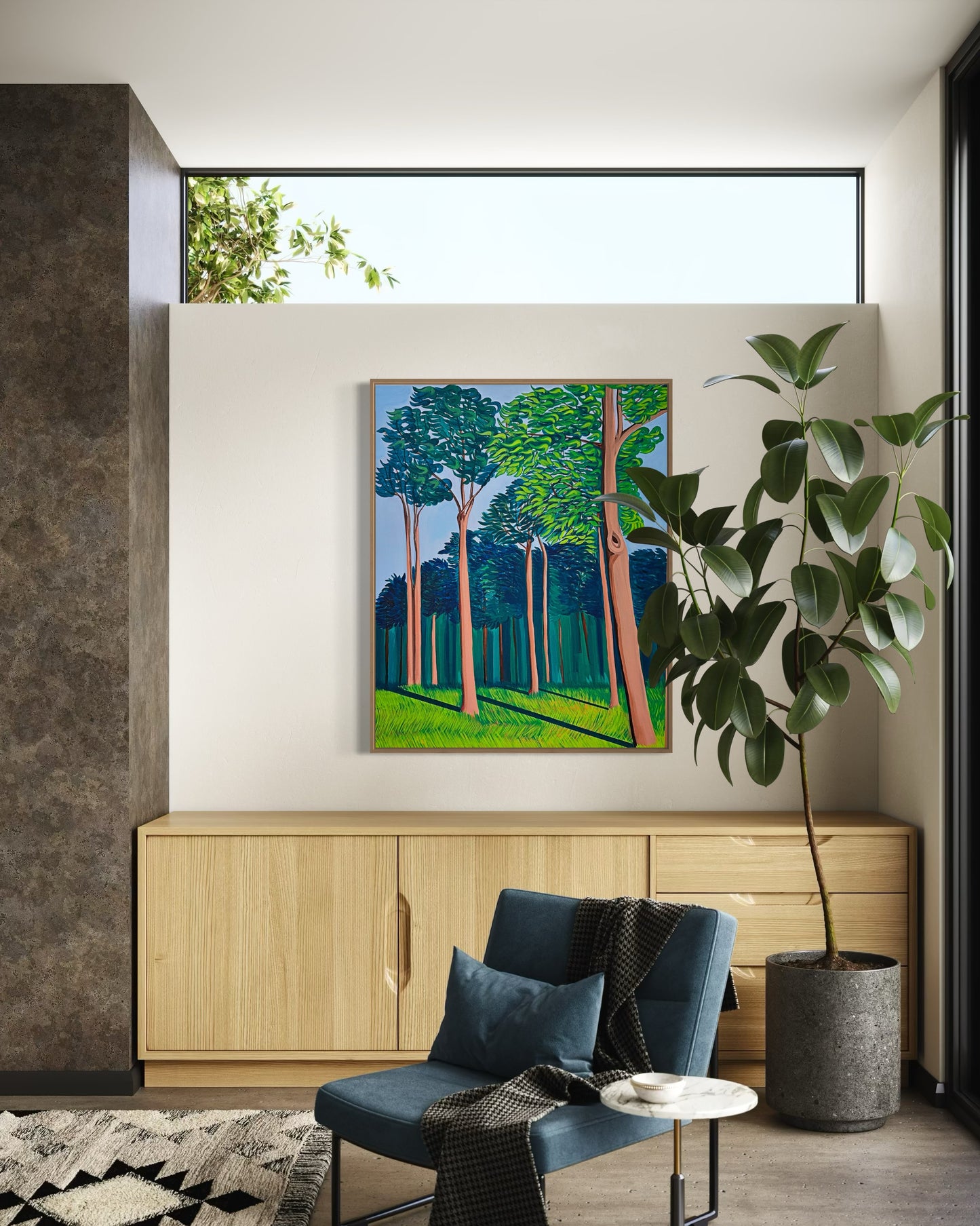 “THE AFTERNOON BREEZE AT HOME” (Framed in solid white oak wood, 30”x24” Acrylic on canvas)
