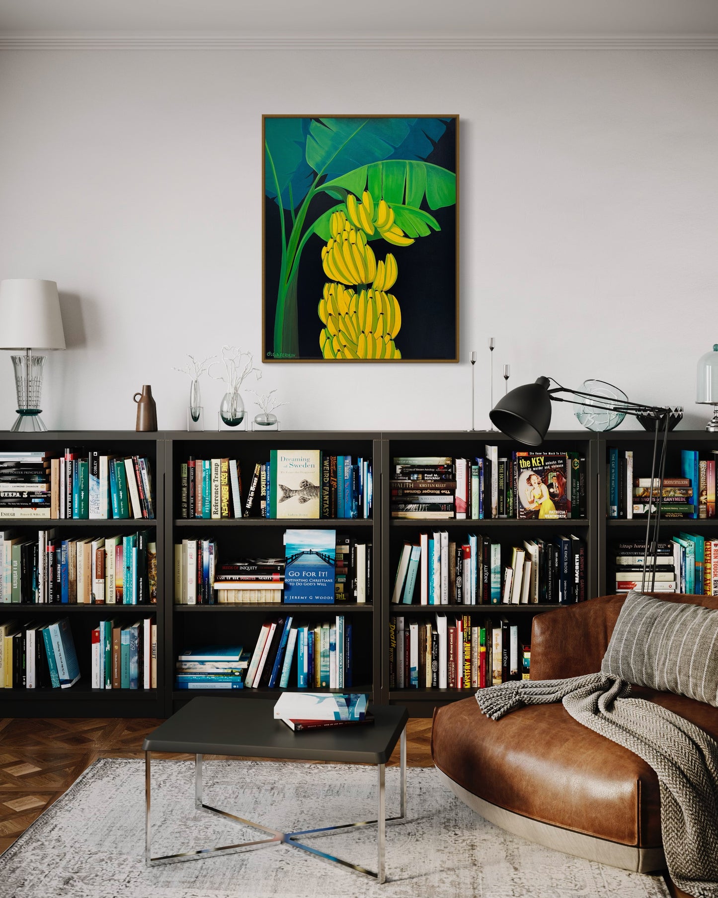 There are Plenty Bananas (Framed in solid white oak wood, 30”x24” Acrylic on canvas)