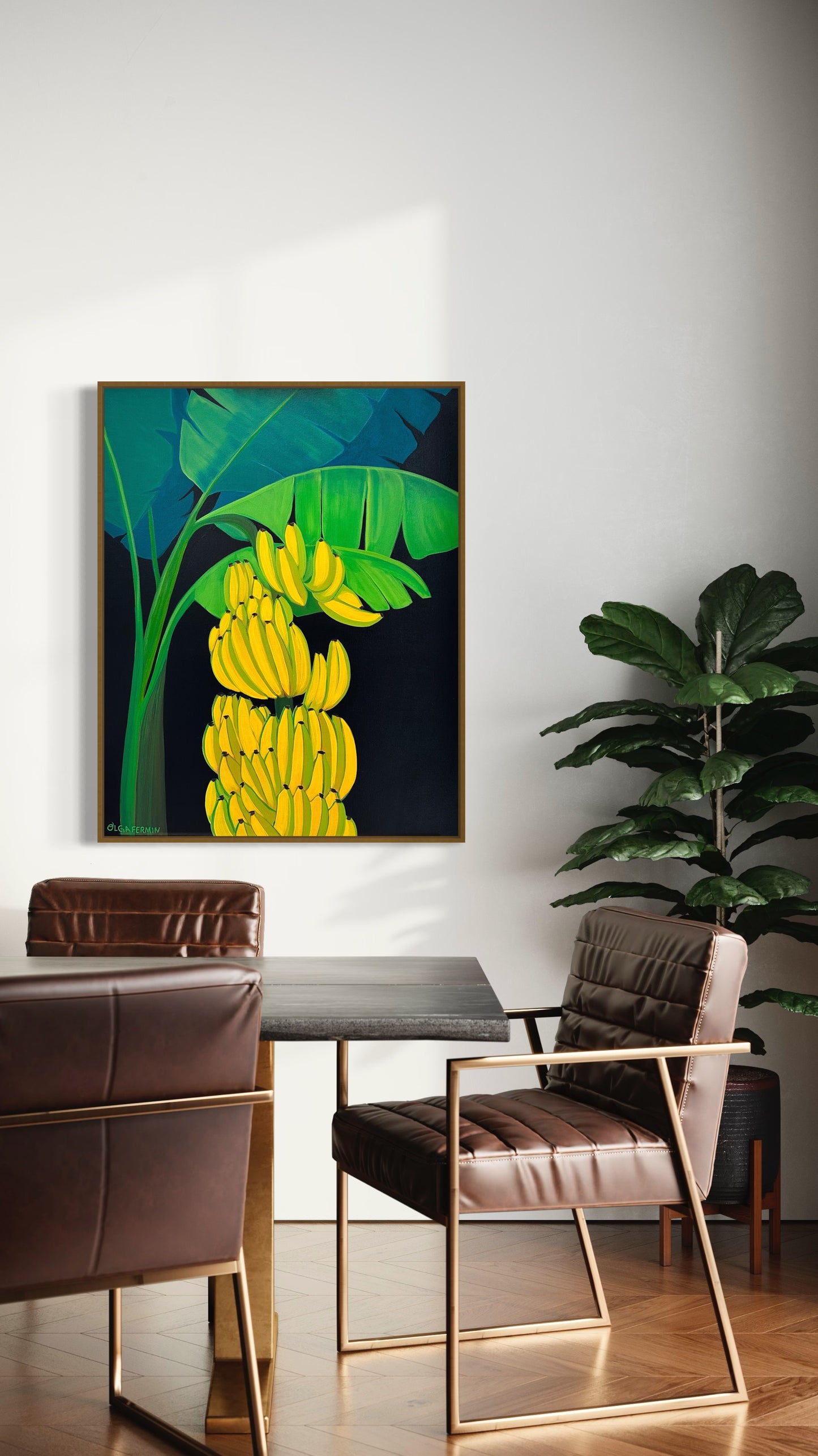 There are Plenty Bananas (Framed in solid white oak wood, 30”x24” Acrylic on canvas)