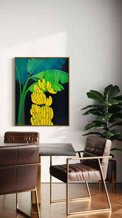 There are Plenty Bananas (Framed in solid white oak wood, 30”x24” Acrylic on canvas)